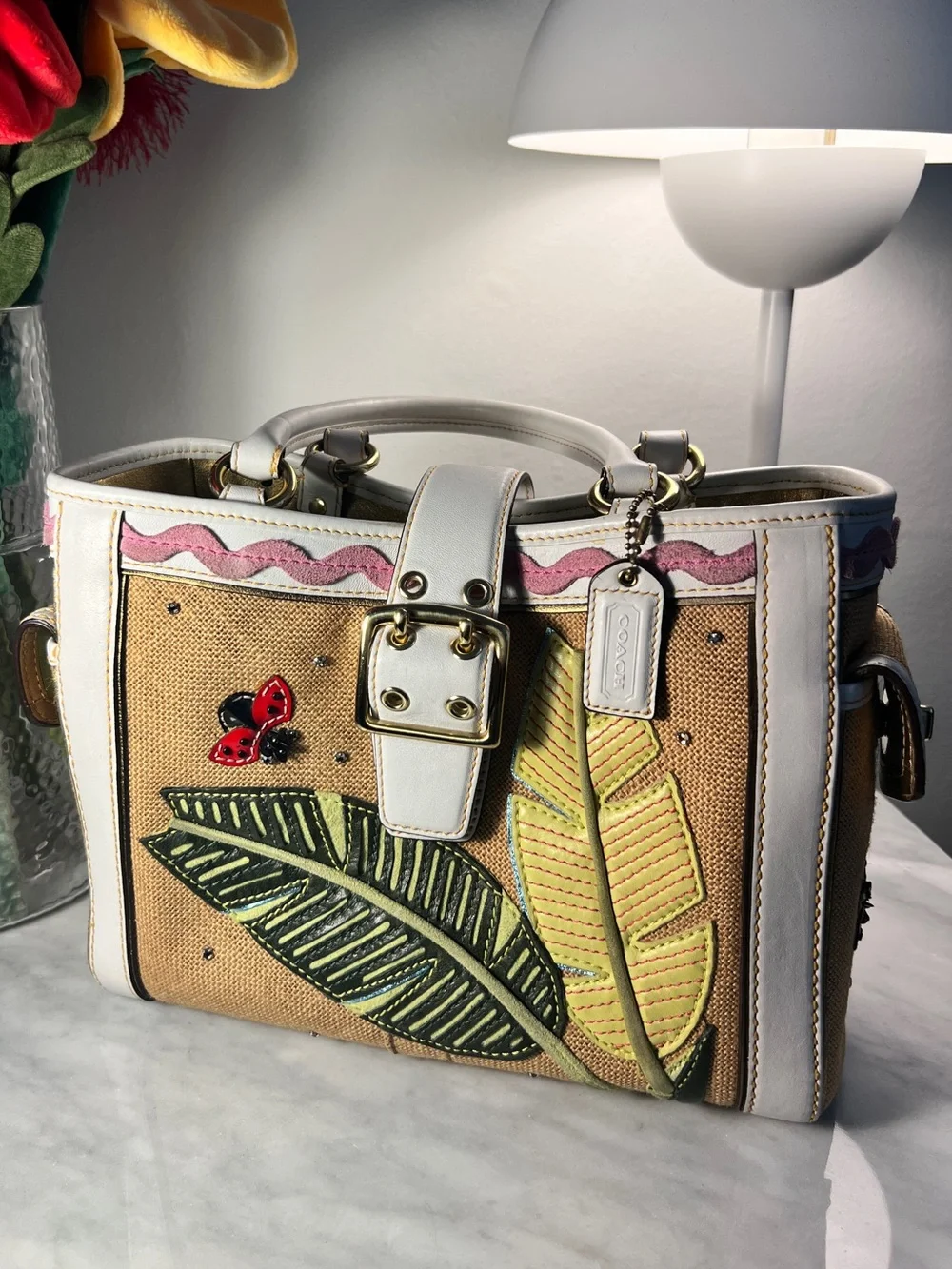 VINTAGE Coach RARE Y2K Leafy Ladybug Boxy Straw Tote Bag Limited Edition 4439 - Picture 1 of 17